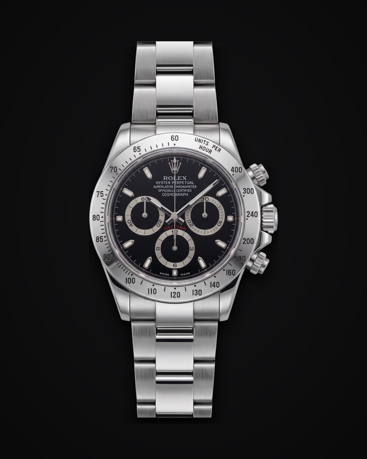 Steel chronograph with a black dial on a steel bracelet